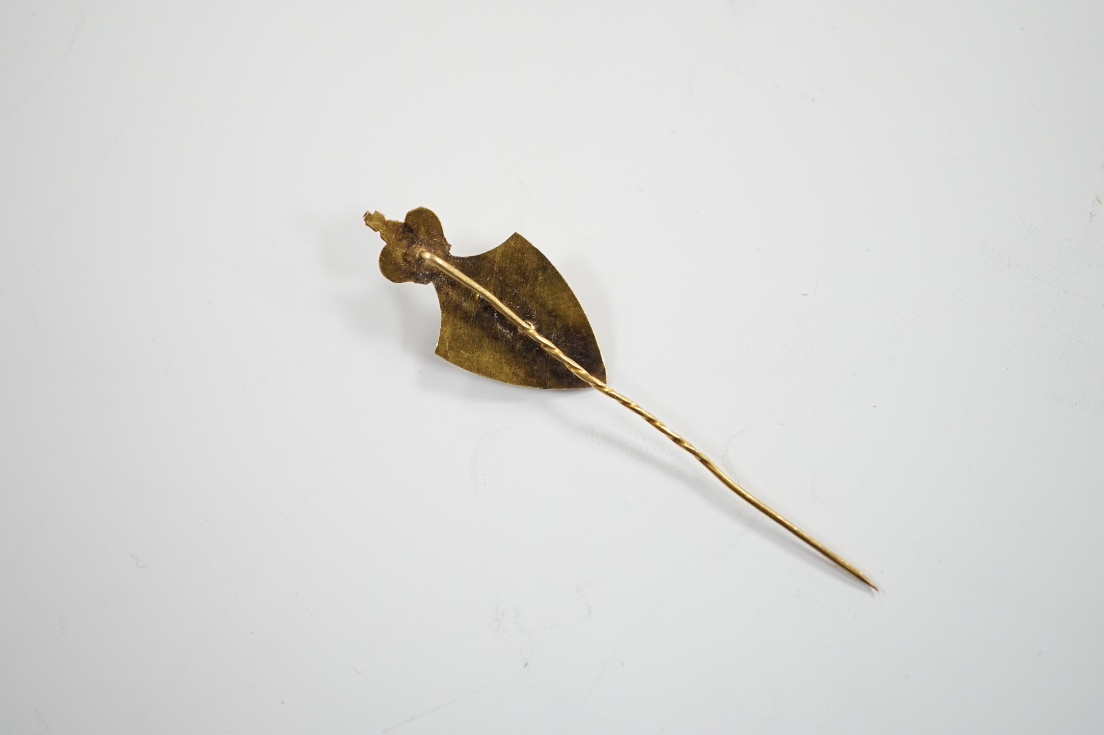 A Russian yellow metal (tests as 14k) Imperial Philanthropic Society for the Vocational Education of Poor Children stick pin, 48mm, 0.7 grams.